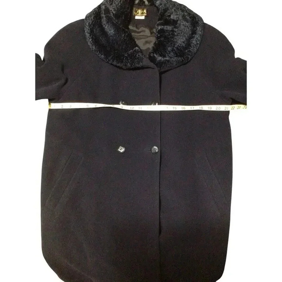 Women’s Lambswool Long Jacket Pea coat Blue Faux Fur Collar Double Breasted S 40 - Picture 4 of 6